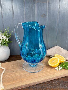 Vintage Blue Pitcher, Large Hand Blown Art Glass Jug in Aqua Teal